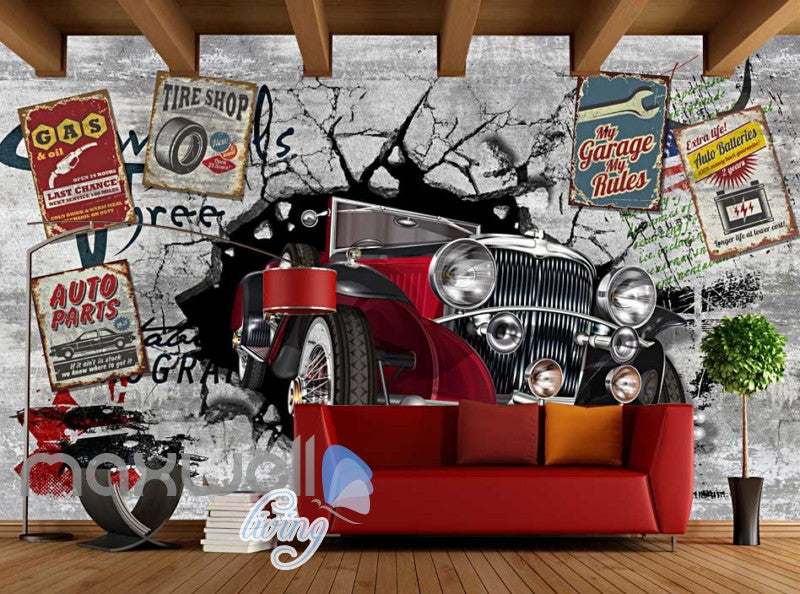 3D Classic Car Vintage Garage Art Wall Murals Wallpaper Decals Prints \u2013 IDecoRoom