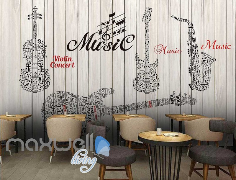 Graphic Design Music Instruments On Wooden Wall Art Wall Murals Wallpa –  IDecoRoom