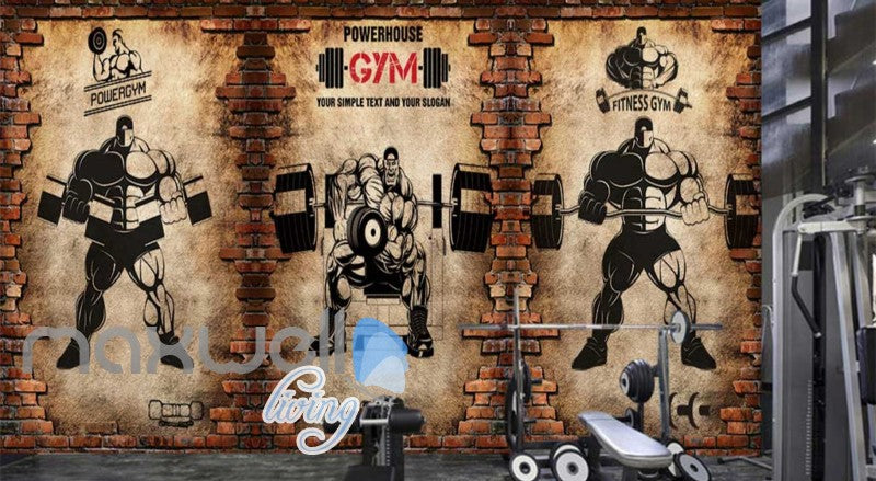 Broken Brick Wall With Drawings Of Cartoon Lifting Weights 