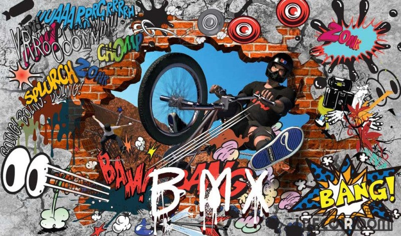 Graphic Design Graffiti Bike Breaking Through Brick Wall Art Wall Mura Idecoroom