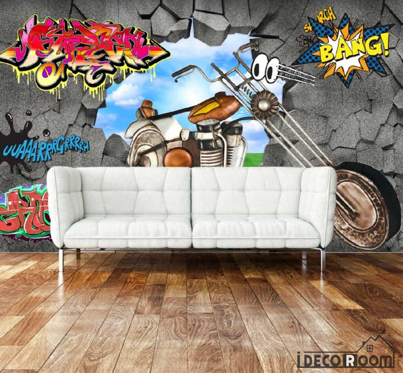 3d Graffiti Break Through Wall Motorbike Living Room Art Wall Murals W Idecoroom