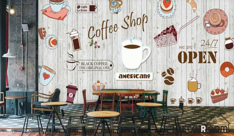 White Wooden Wall Graphic Design Coffee Shop Restaurant Art Wall Mural Idecoroom