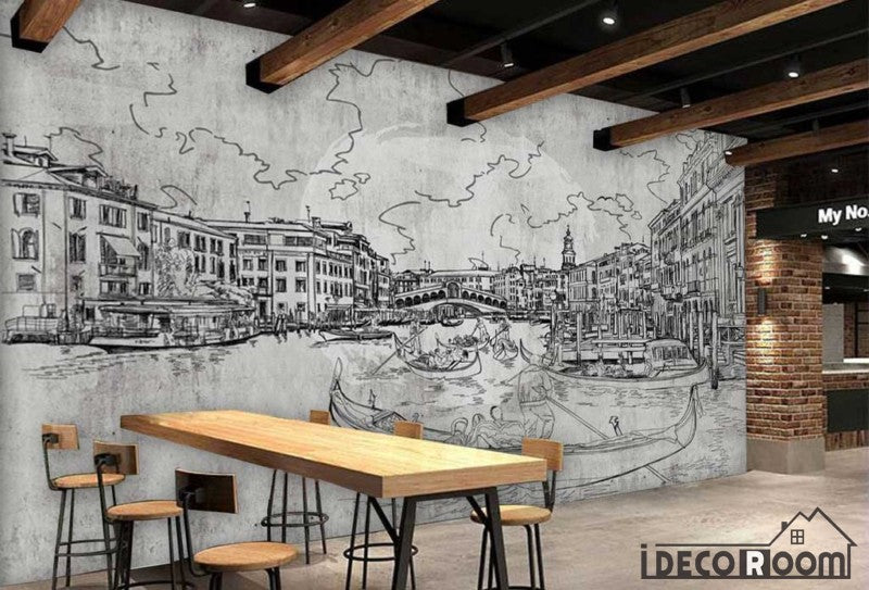 Drawing Venice On Wall  Restaurant  Art  Wall  Murals 