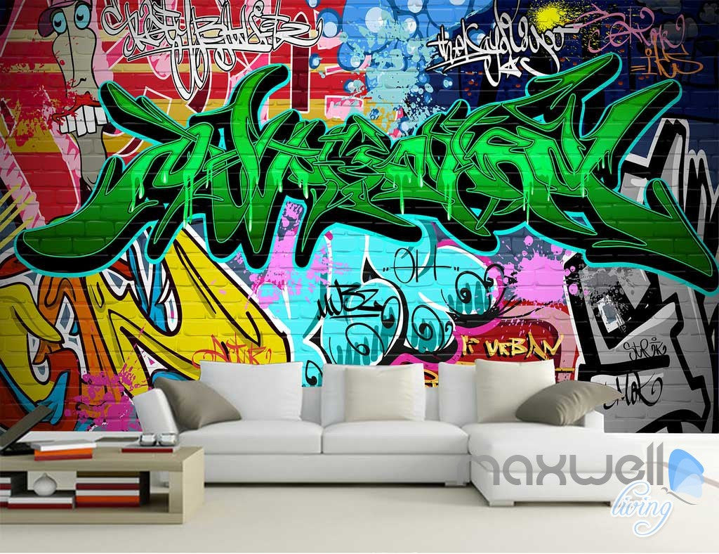 3D Graffiti Green Letters Wall Art Murals Paper Print Decals Decor