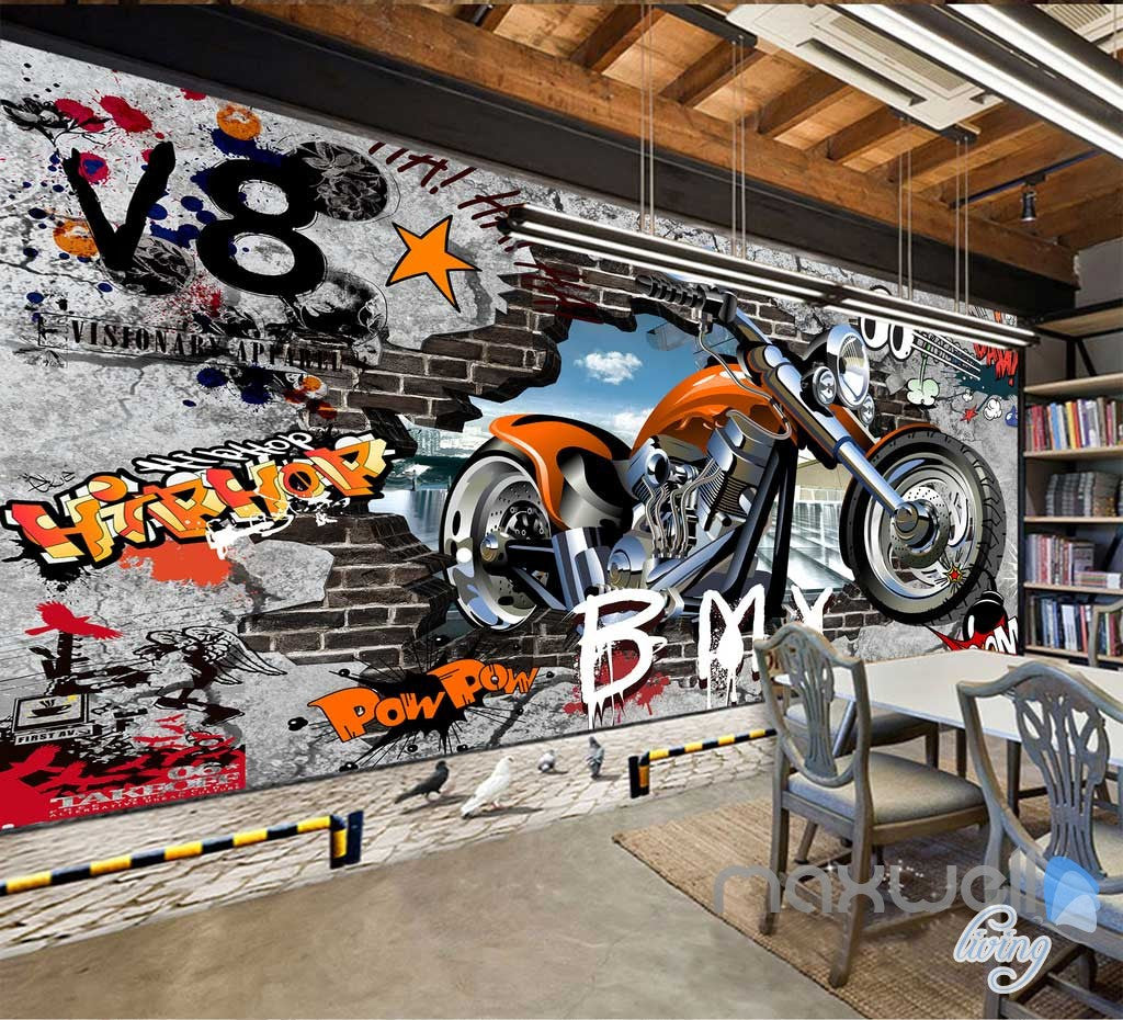 3d Graffiti Motorbike Break Brick Wall Art Murals Paper Print Decals Decor Idcwp Ty 000079