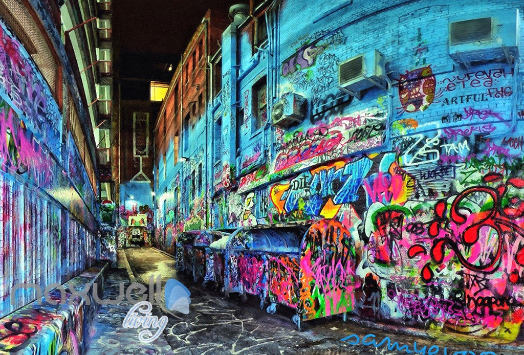 3D Graffiti Blue Street Night Art Wall Murals Wallpaper Art Decals Pri ...