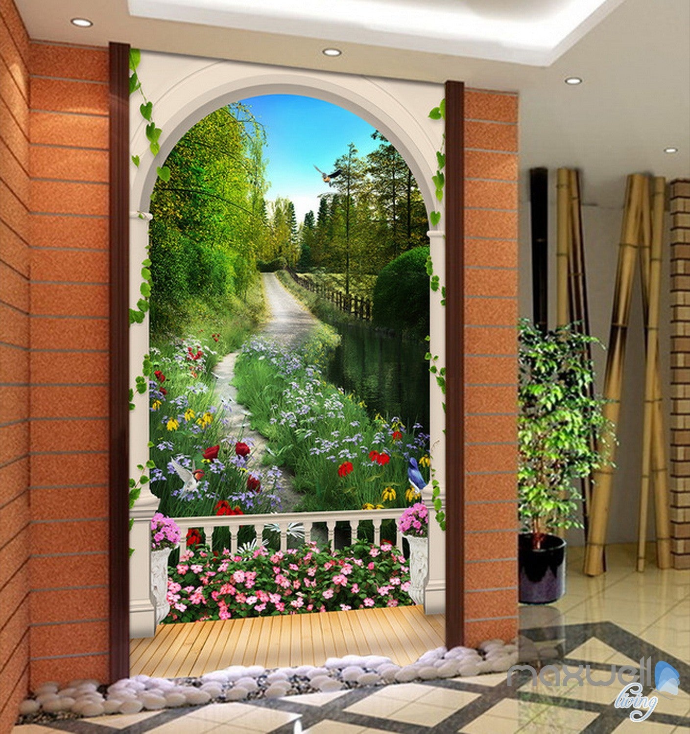  3D  Arch Flower  Tree Lane Corridor Entrance Wall Mural 