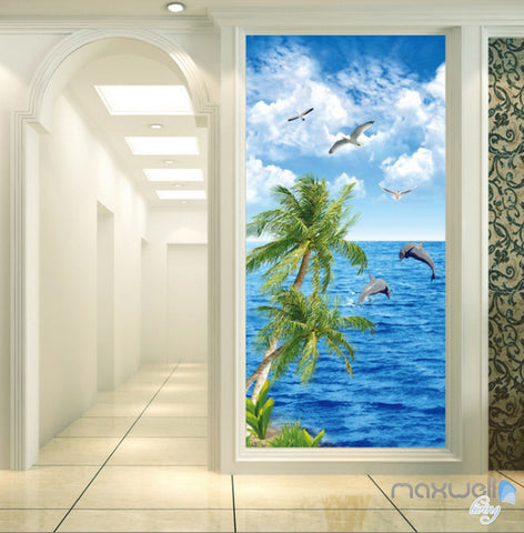 3D Palm Tree Dophin Bird Sea Corridor Entrance Wall Mural Decals Art P ...