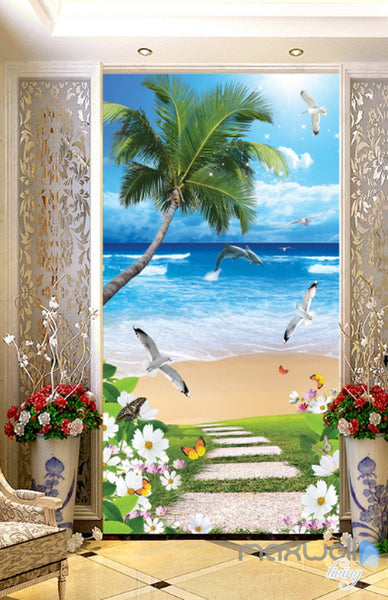 3D Butterfly Flower Palm Tree Beach Corridor Entrance Wall Mural Decal ...