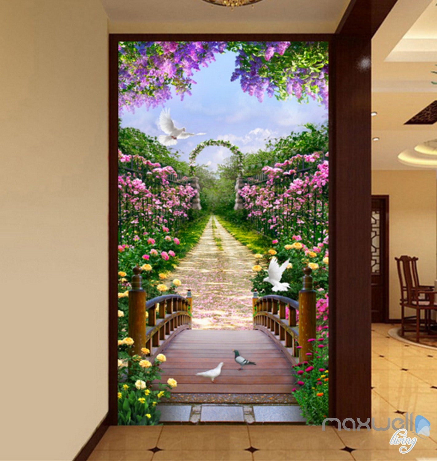 3D Flowers Garden  Bridge Arch Corridor Entrance Wall  Mural  