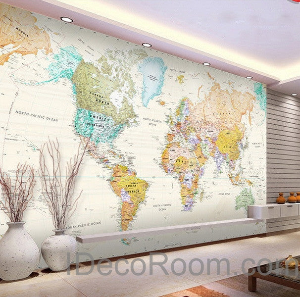 Colorful World Map Wallpaper Wall Decals Wall Art Print Mural Home Dec Idecoroom