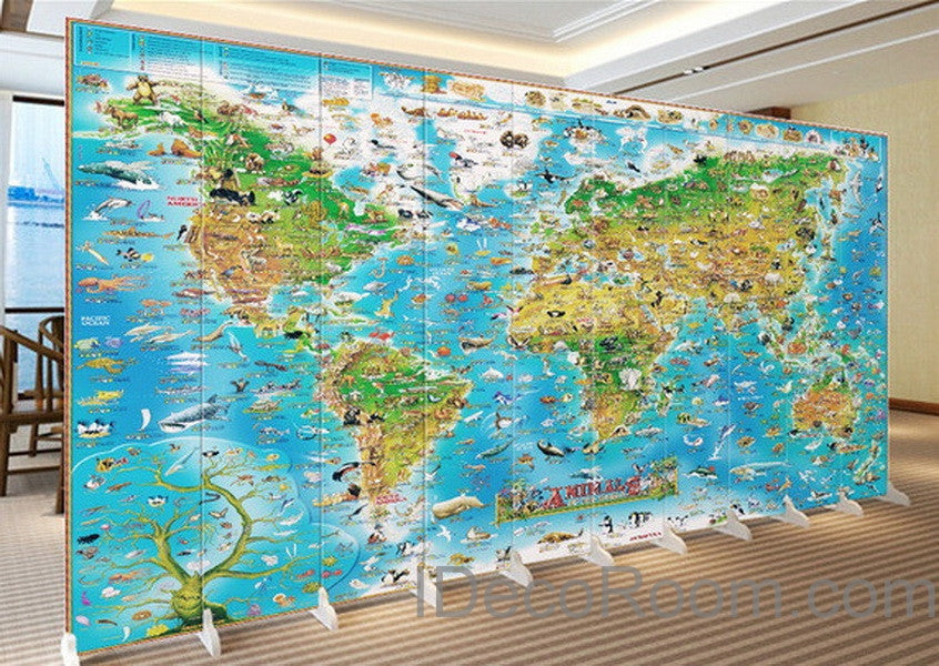 3D Animals Abstract World Map Wallpaper Wall Decals Wall