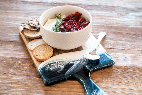 Cranberry Salsa served on a resin accented cheese board