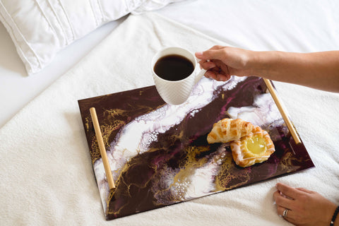 breakfast ion bed served on a merlot designed acrylic serving tray