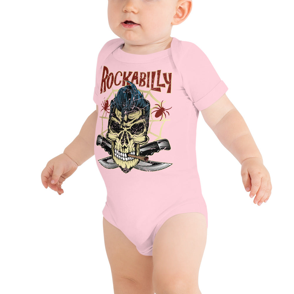 Rockabilly Skull, kurzärmeliger Baby Einteiler Body Strampler Bodysuit, 3-6m - 18-24m, 7 verschiedene Farben