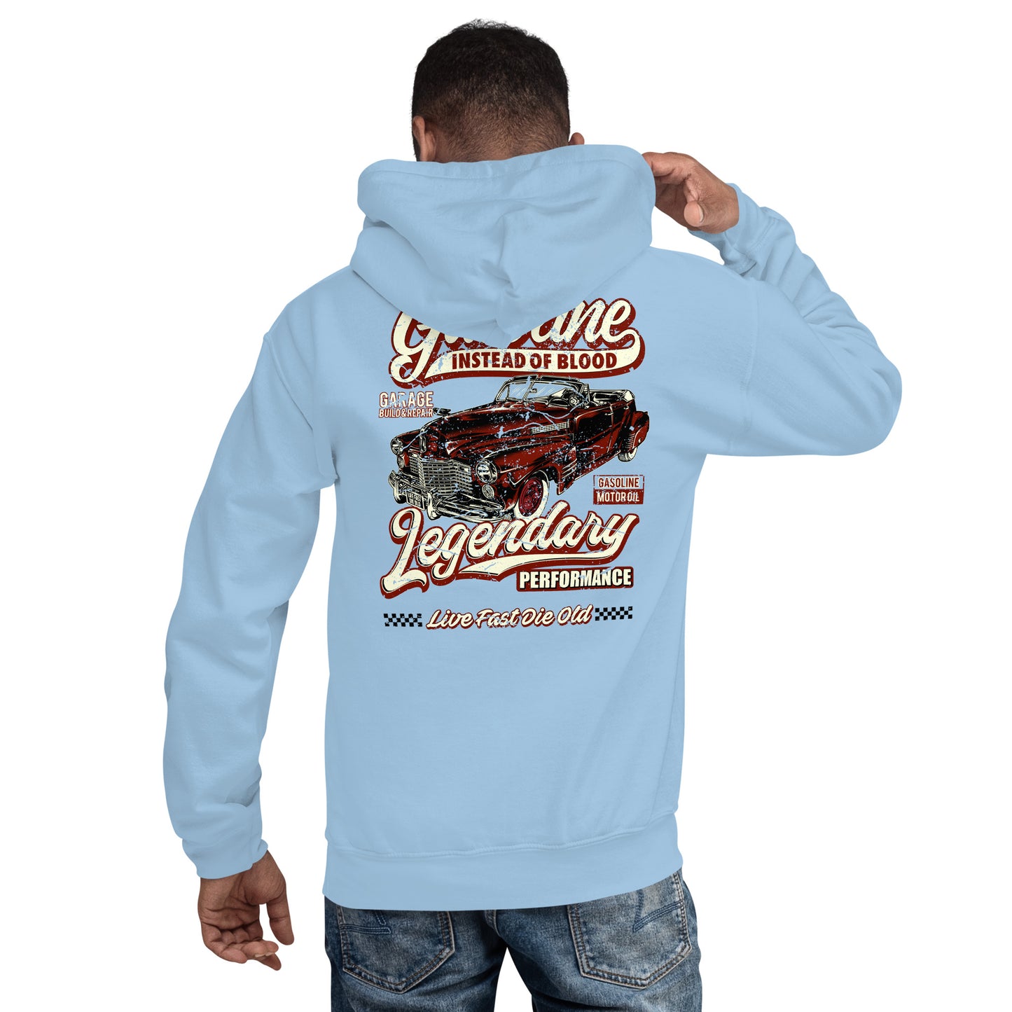 Gasoline instead of blood Hot Rod V, unisex hoodie, hooded sweater, printed on the back, S - 5XL