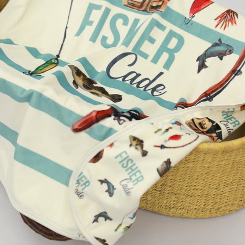 Fishing Theme Personalized Baby Stroller Blanket With Blue Stripes From A Great Baby