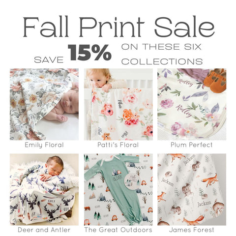 Fall Print Sale 15% off - emily green floral, patti fall floral and plum perfect purple floral, deer and antler print, the great outdoors with mountain cars and animal tracks, james forest print with fox and little forest animals