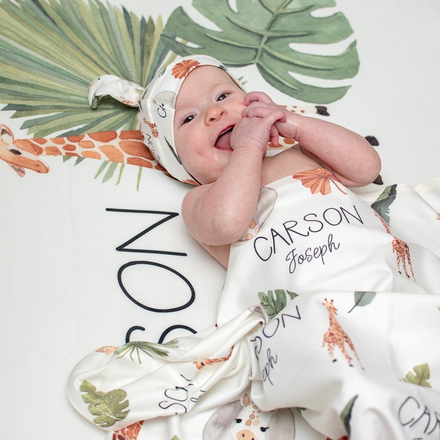 Giraffe Palm Leaf Personalized Baby Swaddle Blanket