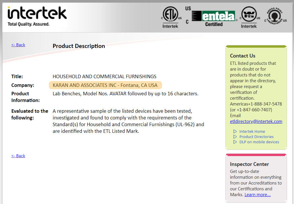 Intertek ETL Listing - Website Screenshot