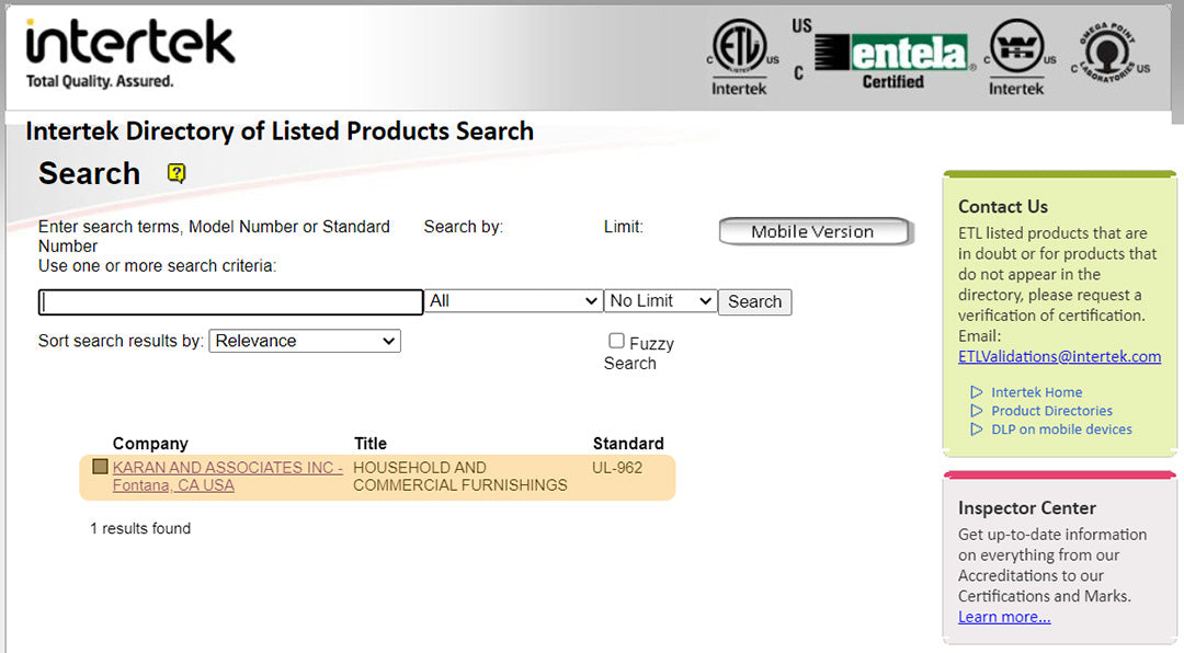 Intertek ETL Listing - Website Screenshot