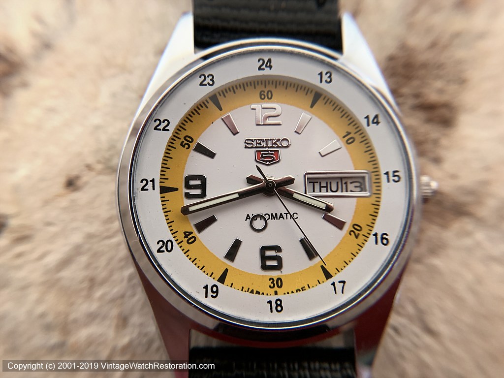 Seiko 5 Day-Date with White and Deep Yellow Dial, Automatic, Very Larg –  Vintage Watch Restoration