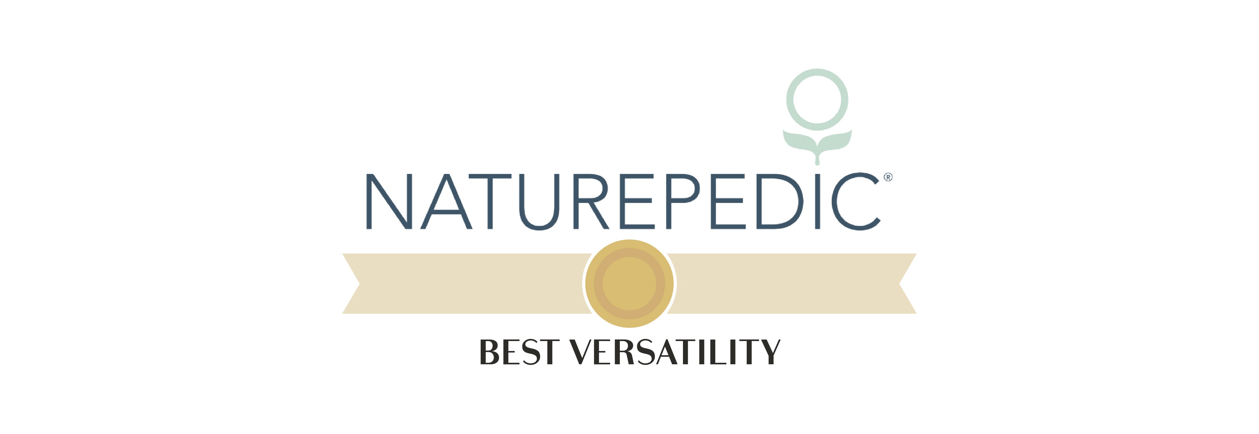 Naturepedic logo with golden medal and ribbon, text below saying "best versatility".