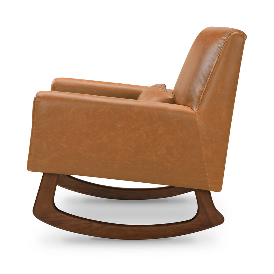 Side view of Nursery Works Sleepytime Rocker in -- Color_Vegan Tan Leather with Walnut Legs