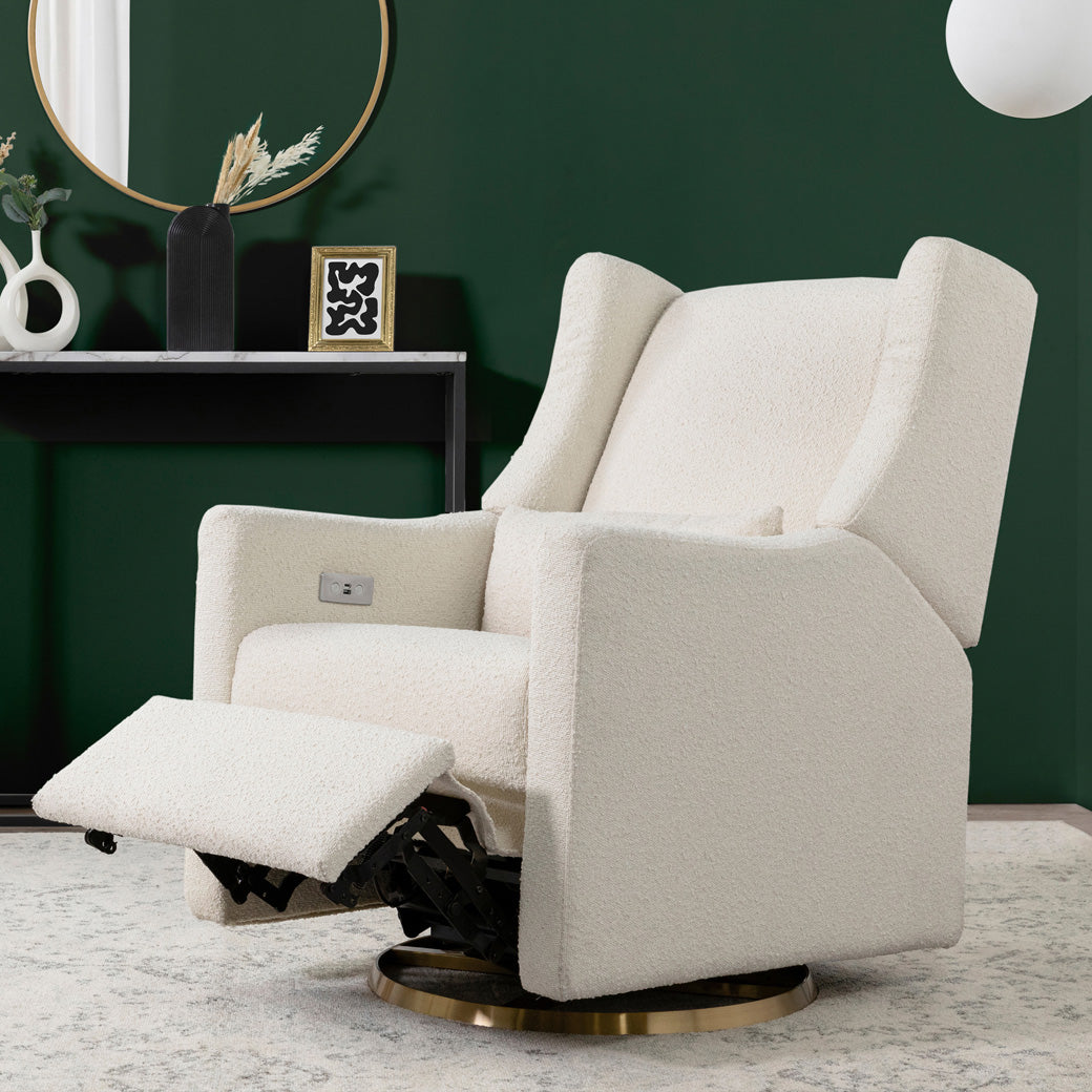 Babyletto Kiwi Glider Recliner with footrest up in -- Color_Ivory Boucle with Gold Base