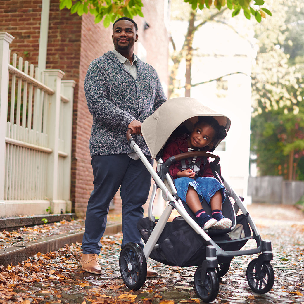 Man pushing the vista v2 stroller in Declan while walking on the street -- Color_Declan