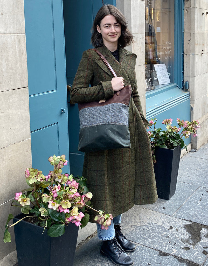 Waxed canvas and Harris Tweed tote bag Fernweh Scottish Textiles Showcase