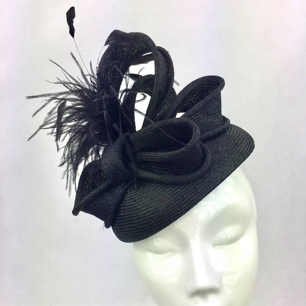 Black Wool Pill Box Hat With Red Feathers Black Velvet Bow 