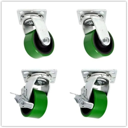 4" Plate Casters with Polyurethane Molded Steel Wheels - 4 Pack Set, 3000 lbs Total Capacity, Extra 2" Width Top Plate, 4 Swivel with 2 Brakes for Maximum Stability