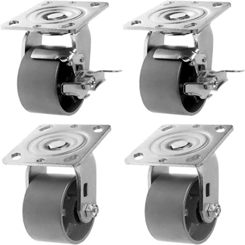 4" Heavy Duty Plate Casters with 2800 lbs Total Capacity - Set of 4 Silver Swivel Casters (2 with Brakes)
