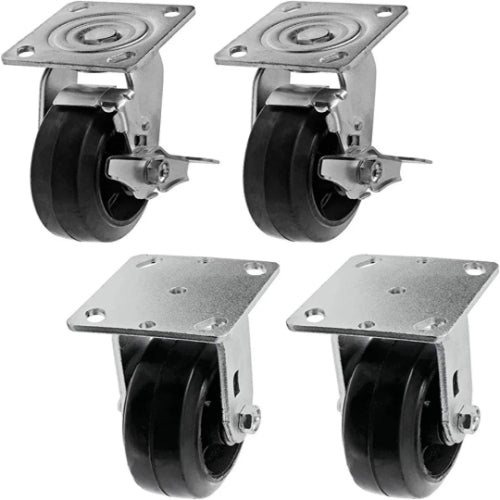 Heavy Duty 5" Plate Casters with 2" Width, 2200 lbs Total Capacity - Pack of 4 (2 Swivel with Brakes, 2 Rigid) - Rubber Mold on Steel Wheel - Top Plate Caster
