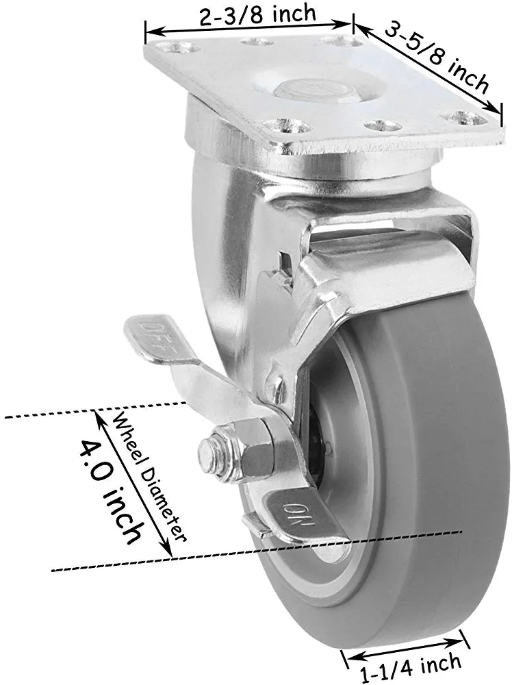 720 lbs Capacity 4" 2-Pack Heavy Duty Thermoplastic Swivel Plate Casters with Brake