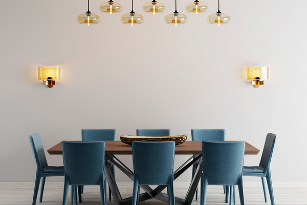 modern minimalistic dining room interior with beige empty walls, a concrete table with blue chairs