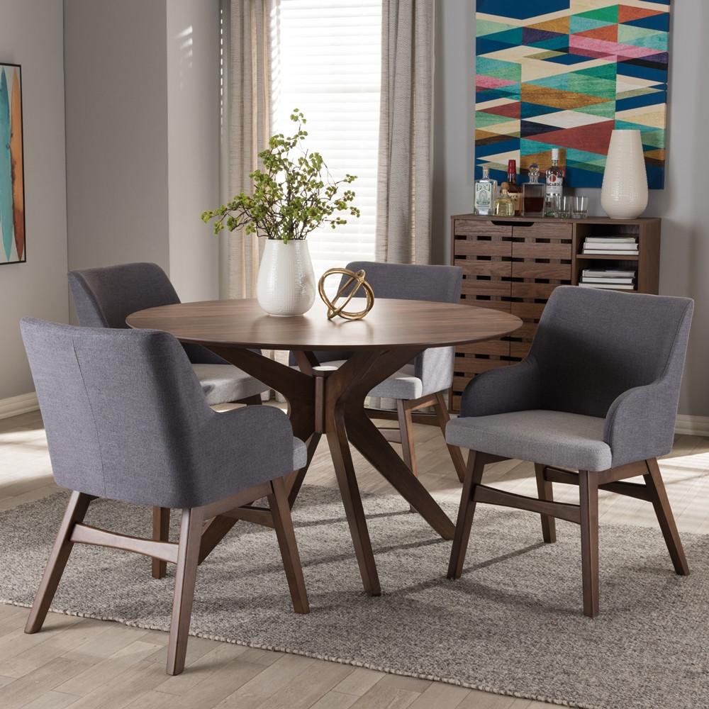 Montreal MidCentury Modern Walnut Wood Round 5Piece Dining Set EMFURN