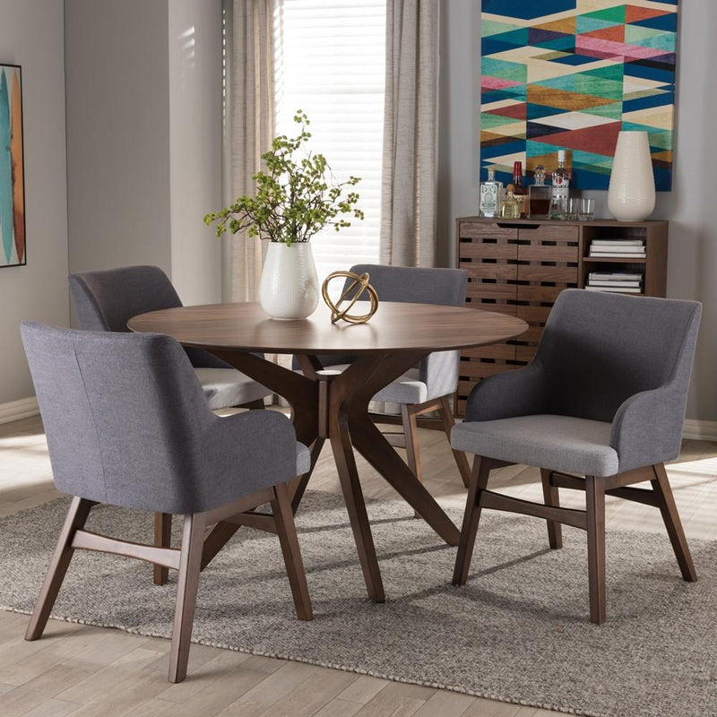 Montreal Mid-Century Modern Walnut Wood Round 5-Piece Dining Set – EMFURN