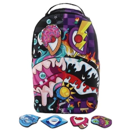 Sprayground Exterior Gold Zip Pocket Sharks in Paris Savage Backpack, Cooler than LV, Juxtaposed patterns with shark mouth graphic…