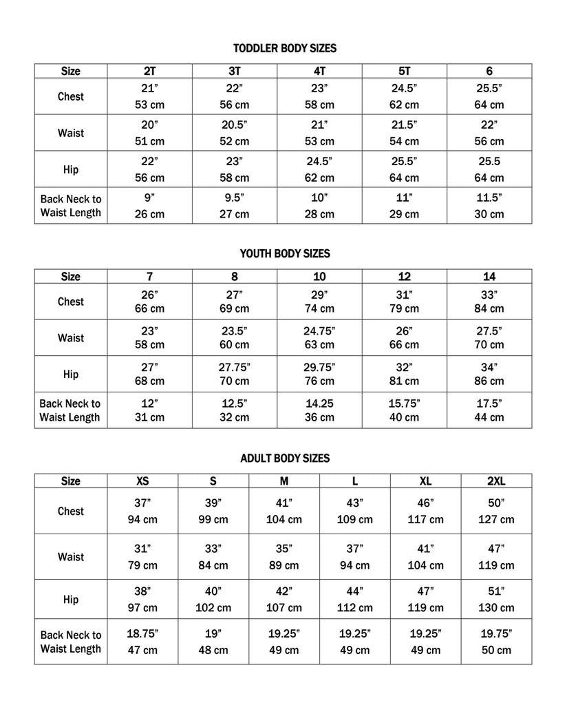 Size chart – Abby and Zak