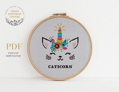 Unicorn Cat Animal Cross Stitch Pattern Graphic by Tango Stitch