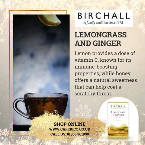 Birchall's Lemon and Ginger Tea can be your go-to remedy for a soothing beverage. Lemon provides a dose of vitamin C, known for its immune-boosting properties, while honey offers a natural sweetness that can help coat a scratchy throat.