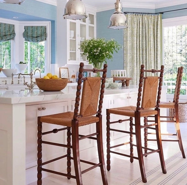 Bobbin Barstools in a Mike Sikes decorated home