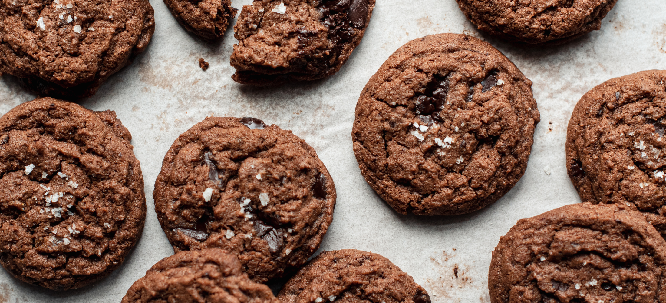 Cuisipro Double Chocolate Maldon Salt Cookie recipe. double chocolate cookie laid out on a counter sprinkled with sea salt