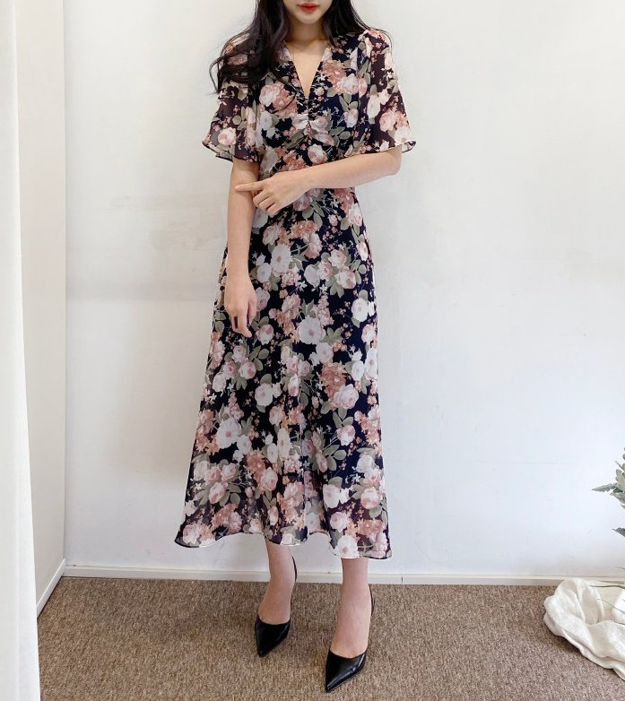 big flower shirring dress pattern long