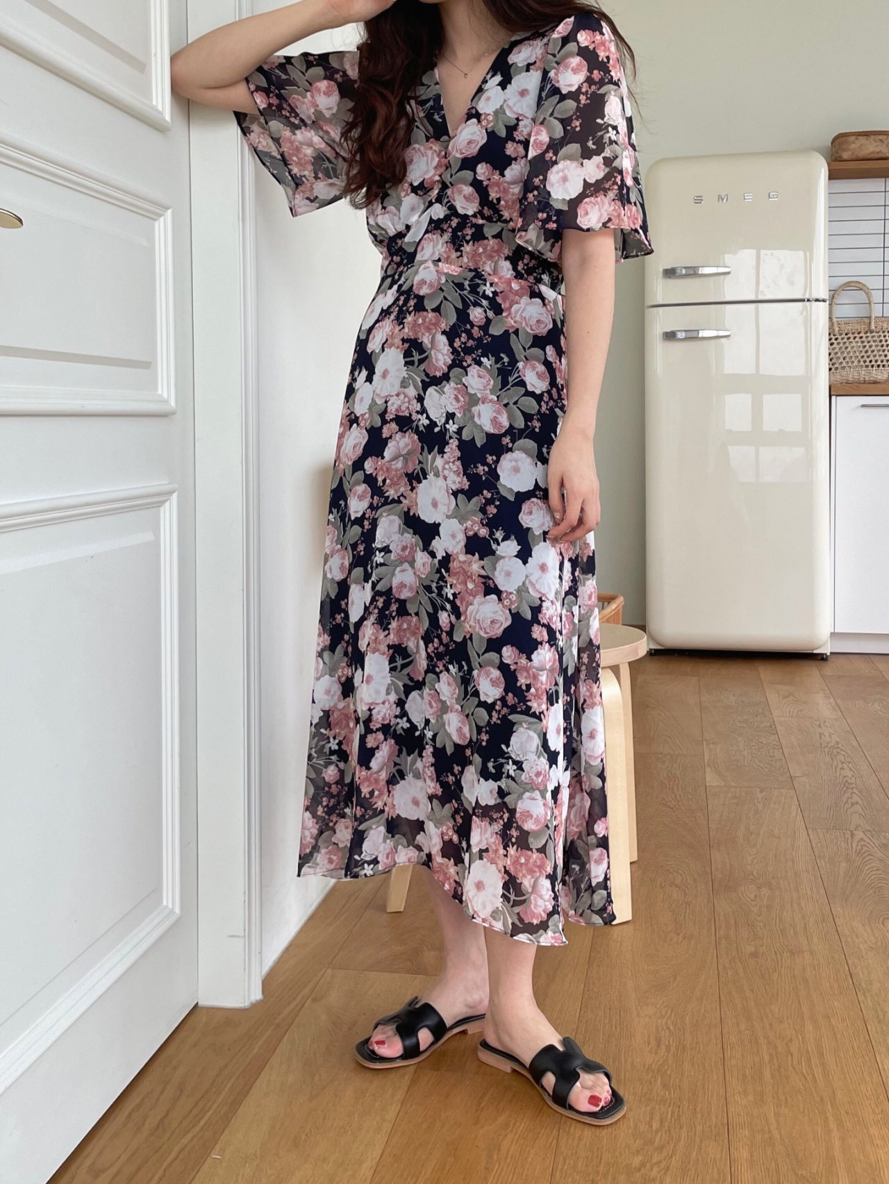 big flower shirring dress pattern long