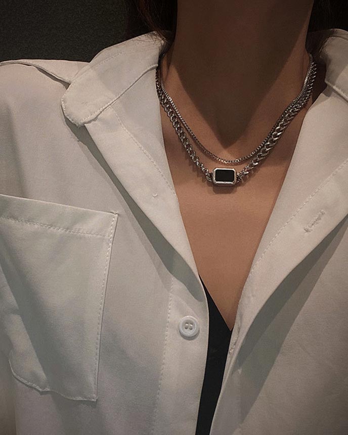 Black Pendant Double Chain Necklace (1)