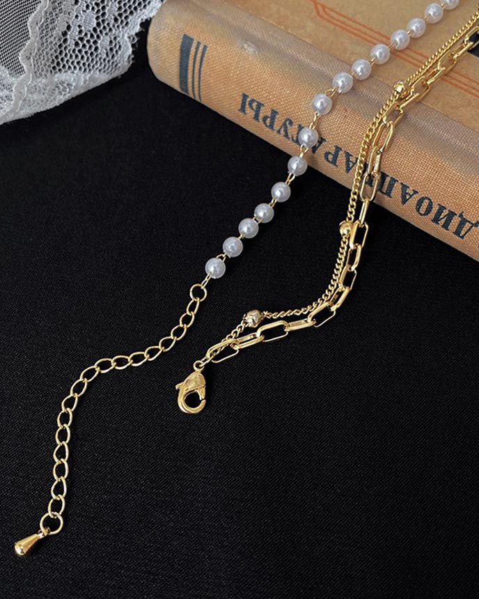 Half Pearl Chain Layered Necklace