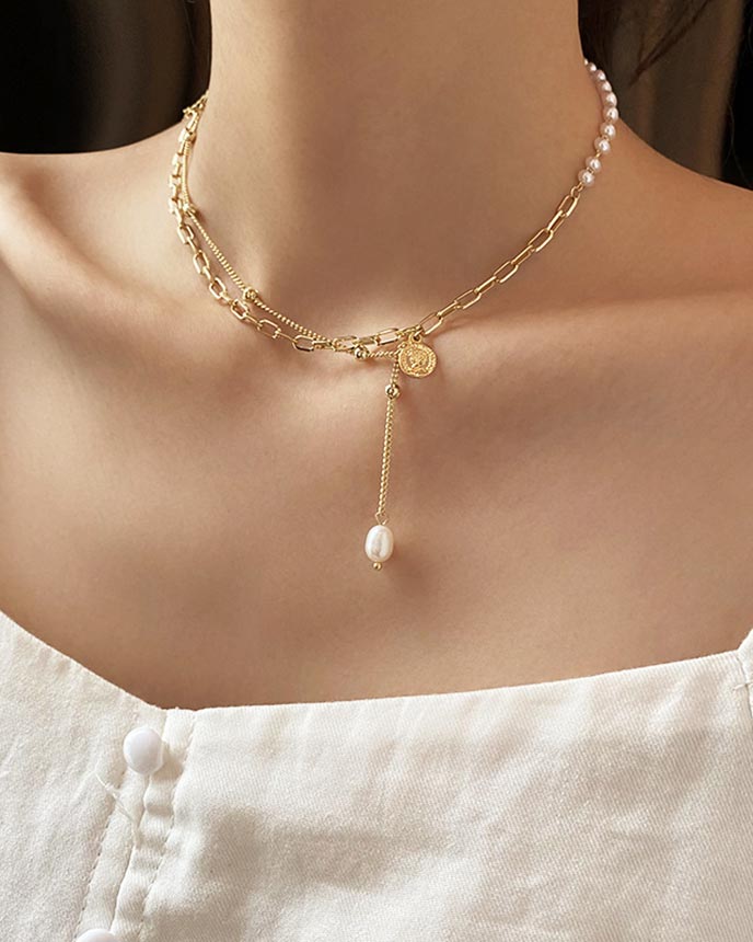 Half Pearl Chain Layered Necklace